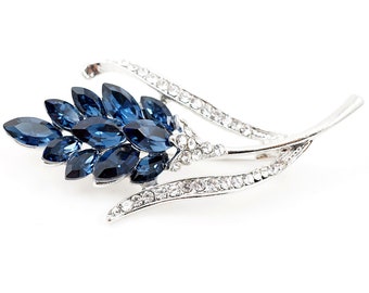 Spilla a forma di grano in cristallo blu, spilla a forma di fiore, spilla vintage con strass in argento, spilla da sposa Something Blue