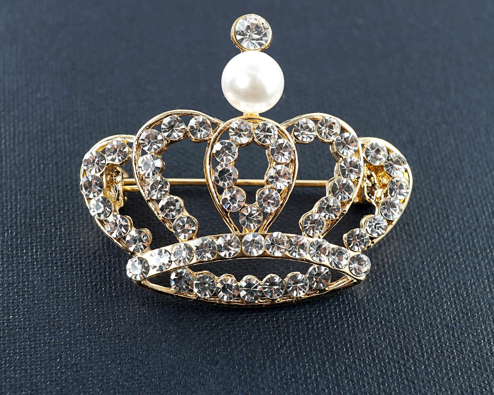 Gold Queen King Crown Brooch White Pearl Crystal Rhinestone