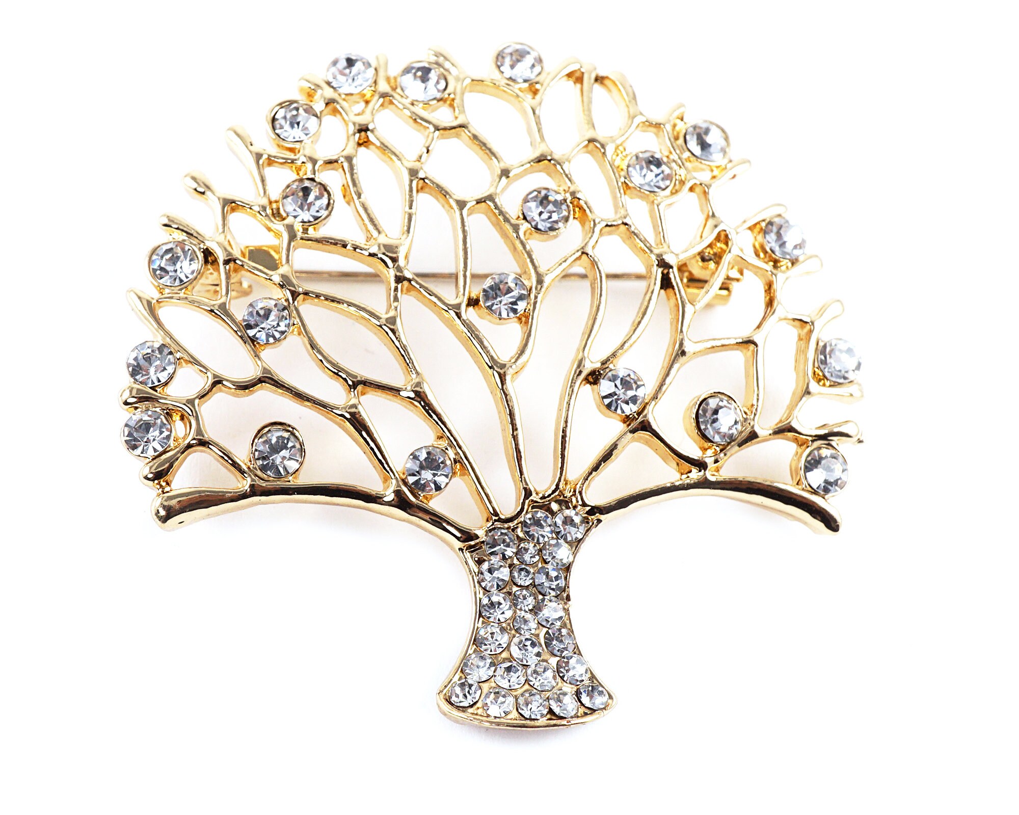Broche Arbre De Vie En Cristal Et Plaqué Or - Design Floral Avec Strass - Bijou Décontracté Ou Cocktail - Cadeau Symbolique Et élégant - 9
