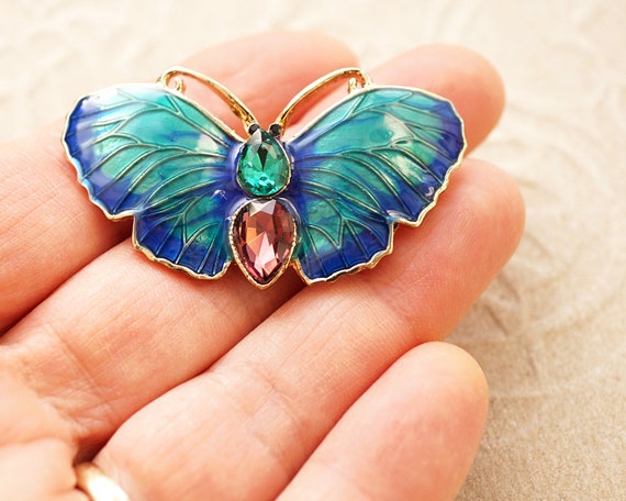 ON VACATION Jewel Blue Butterfly Brooch, Gold But… - image 2