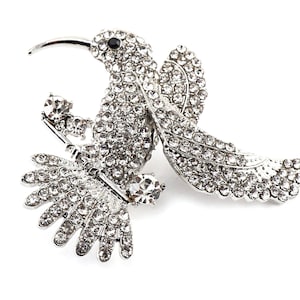 Silver Hummingbird Brooch, Vintage Pin Brooch Tiny Rhinestone Crystals Humming Bird Brooch