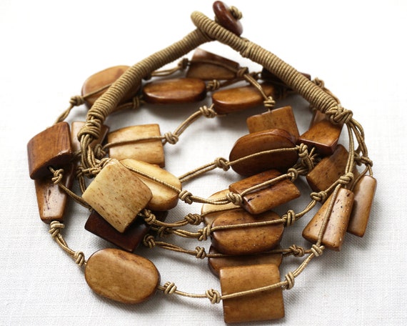 ox bone bead necklace string knotted Brown cord H… - image 2