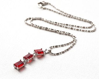 Red Rhinestone Rectangle Charm necklace, Delicate Dainty Hypoallergenic Thin Specialty 18KGP Chain, vintage jewelry