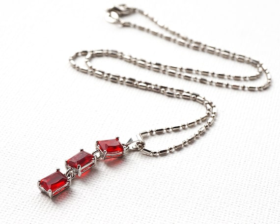 Red Rhinestone Rectangle Charm necklace, Delicate… - image 1