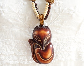 Bohemian vintage jewelry Big Fox necklace large geometric wooden necklace long wood multi strand boho retro festival