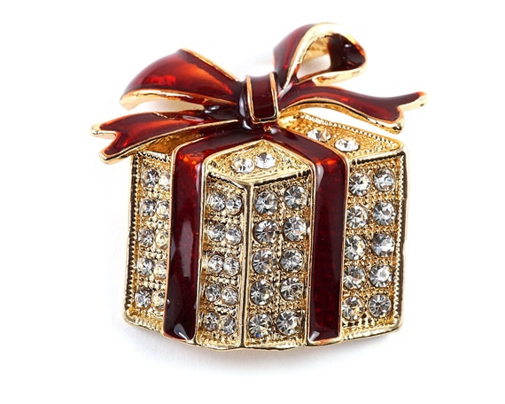 VTG Fashion Gold Tone Red Enamel Crystal Ribbon Bow Brooch Pin
