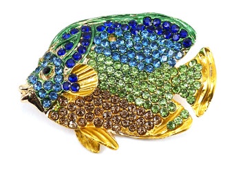 ON VACATION Colorful Fish Brooch, Tropical Fish Pin, Blue Green Rhinestone Gold Fish Brooch, Vintage Marine Ocean Aquarium Jewelry