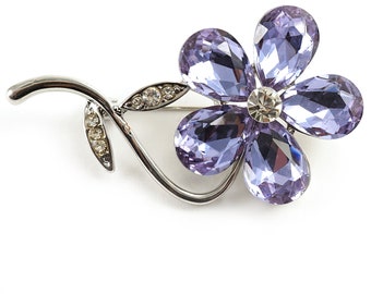 ON VACATION Purple Flower Brooch, Lavender Crystal Rhinestones, White Gold Plant Pin, Wedding Brooch Pendant Nature Inspired Jewelry
