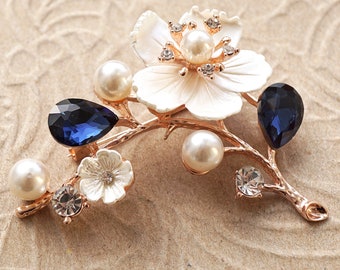 ON VACATION White Flower Brooch Dark Blue Teardrop Crystals Pearls Rhinestones, Rose Gold Branch Pin, Something Blue Wedding Brooch