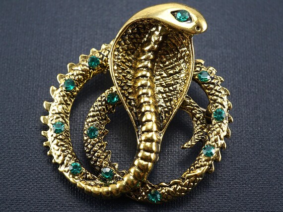 Vintage Gold Cobra Brooch, Snake Pin, Small Green 