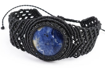 ON VACATION Blue Sodalite Stone Macrame Bracelet Adjustable Black Cord, vintage jewelry