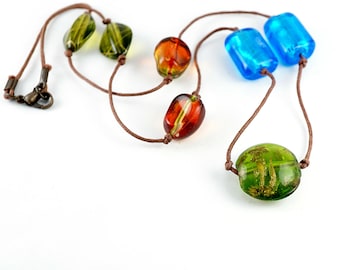 ON VACATION Colorful Lampwork Glass bead Necklace, Green Blue Orange, Knotted Cord Necklace, Vintage 70s Jewelry