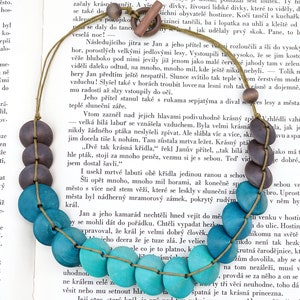 ON VACATION 3 Tone Turquoise Blue Disk Wood Necklace Knotted Cord large geometric Beads Hippie boho turquoise jewelry modern image 3