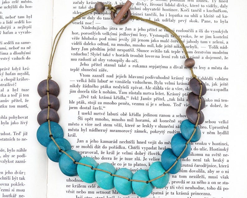 ON VACATION 3 Tone Turquoise Blue Disk Wood Necklace Knotted Cord large geometric Beads Hippie boho turquoise jewelry modern image 3