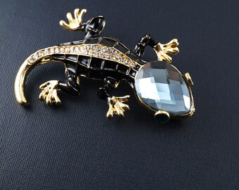Large Crystal Gecko Brooch, Black Enamel Lizard Brooch, Rhinestone Gecko Pin, Vintage Brooch