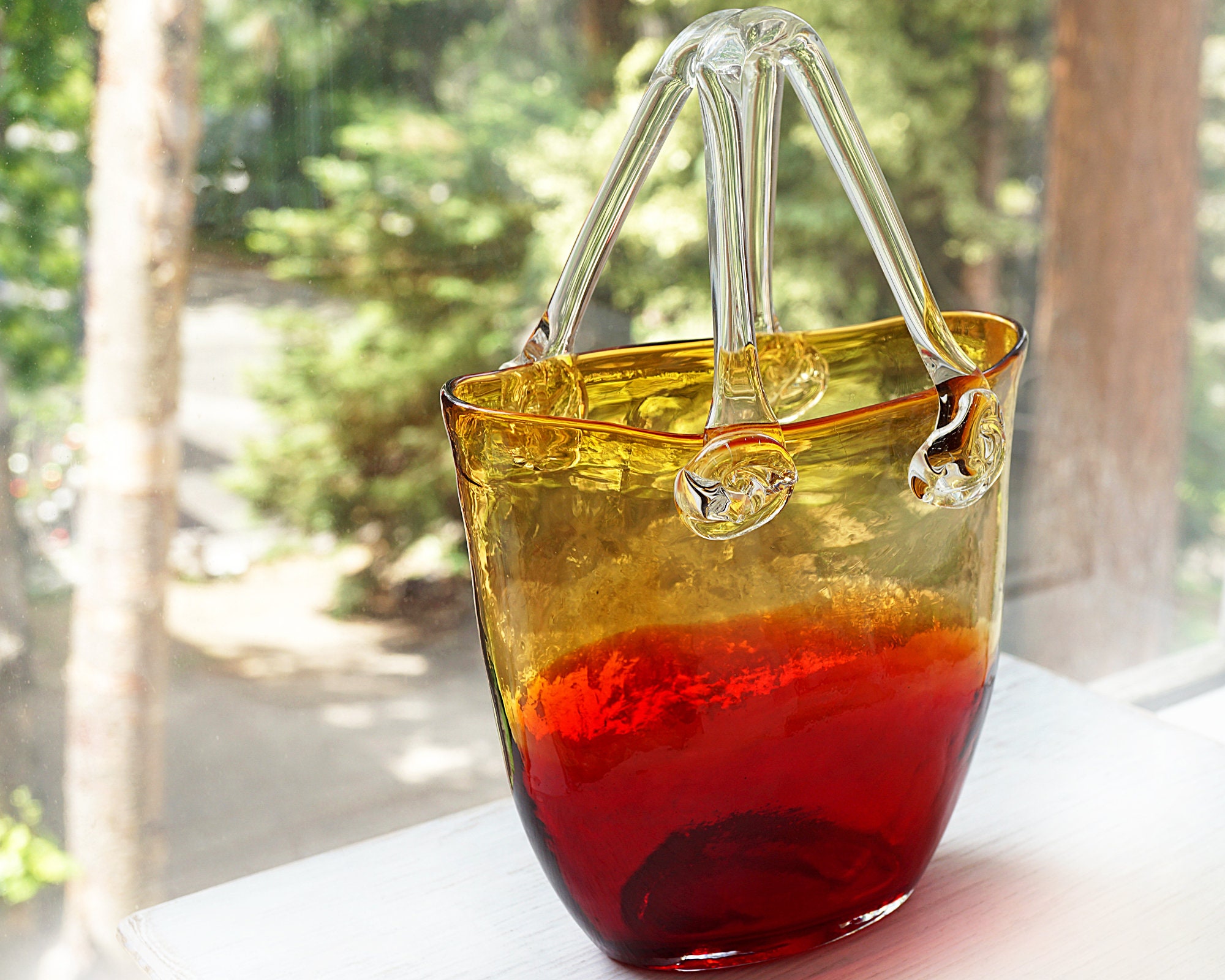 ヴィンテージアートガラスのバスケット 北米 フェントン アートガラス