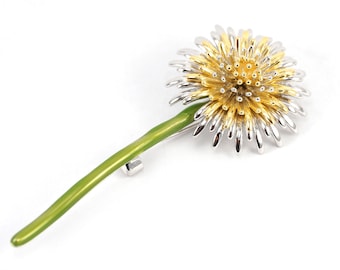 Make a wish Dandelion Brooch, White and Yellow Gold Flower brooch, Antique brooch Enamel Flower Jewelry Vintage Wedding