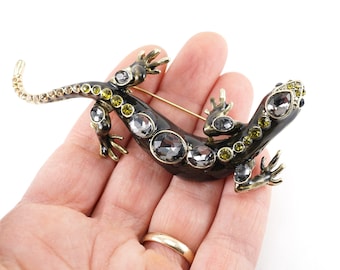 Large Dark Green Gecko Brooch, Lizard Brooch, Green Rhinestone Crystals Gecko Pin, Vintage Brooch