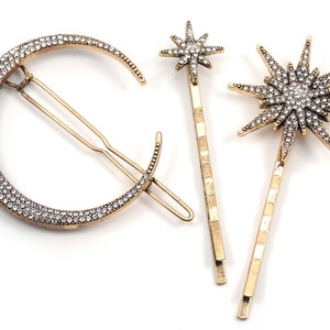 Crescent Moon Hair Clip, Rhinestone Crystal Star Bobby Pin Aged Gold Barrette, Vintage Style, Galaxy hair clip set