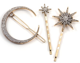 PÅ SEMESTER Hårspänne med halvmåne, Strasskristallstjärna Bobby Pin i åldrat guld, Vintage-stil, Hårspänneset med galax