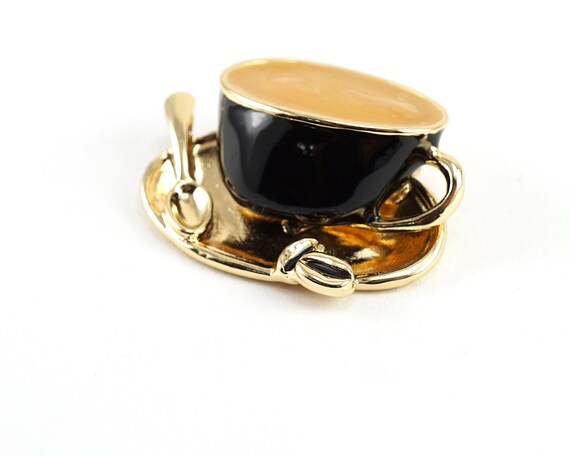 Gold Coffee Cup Pin, Cappuccino Brooch, Small Espresso Caffeine Gift, Cup and Saucer Spoon Coffee Grains