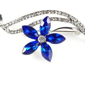 Cobalt Blue Crystal Flower Brooch, Marquise Cut Blue Flower Pin, Silver Rhinestone Brooch, Vintage Brooch, Something Blue - Wedding Brooch