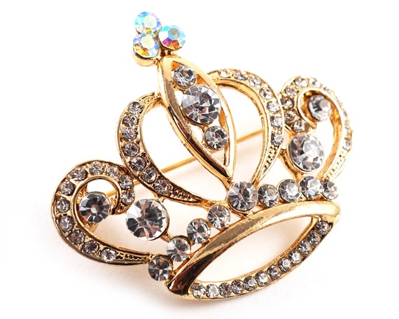 ON VACATION Gold Royal Crown Brooch, Crystal Rhin… - image 2