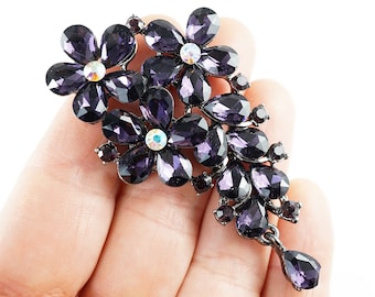 EN VACANCES Broche en grappe de fleurs violet foncé, épingle en cristal avec strass, broche de mariage vintage