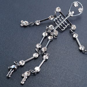 Fantastic Moving Skeleton Brooch, Black Gunmetal Tassel Rhinestone Crystal Skeleton Pin, Fun Halloween Gift,  Tie Tack Pin, Vintage Pin