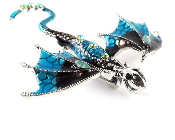 ON VACATION Blue Dragon Brooch, Silver Flying Dra… - image 5
