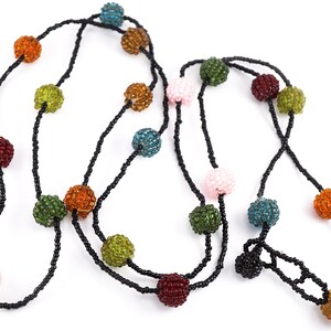 Colorful Beaded Ball Necklace, Long Thin Seed Bead Necklace, 60s Vintage Jewelry