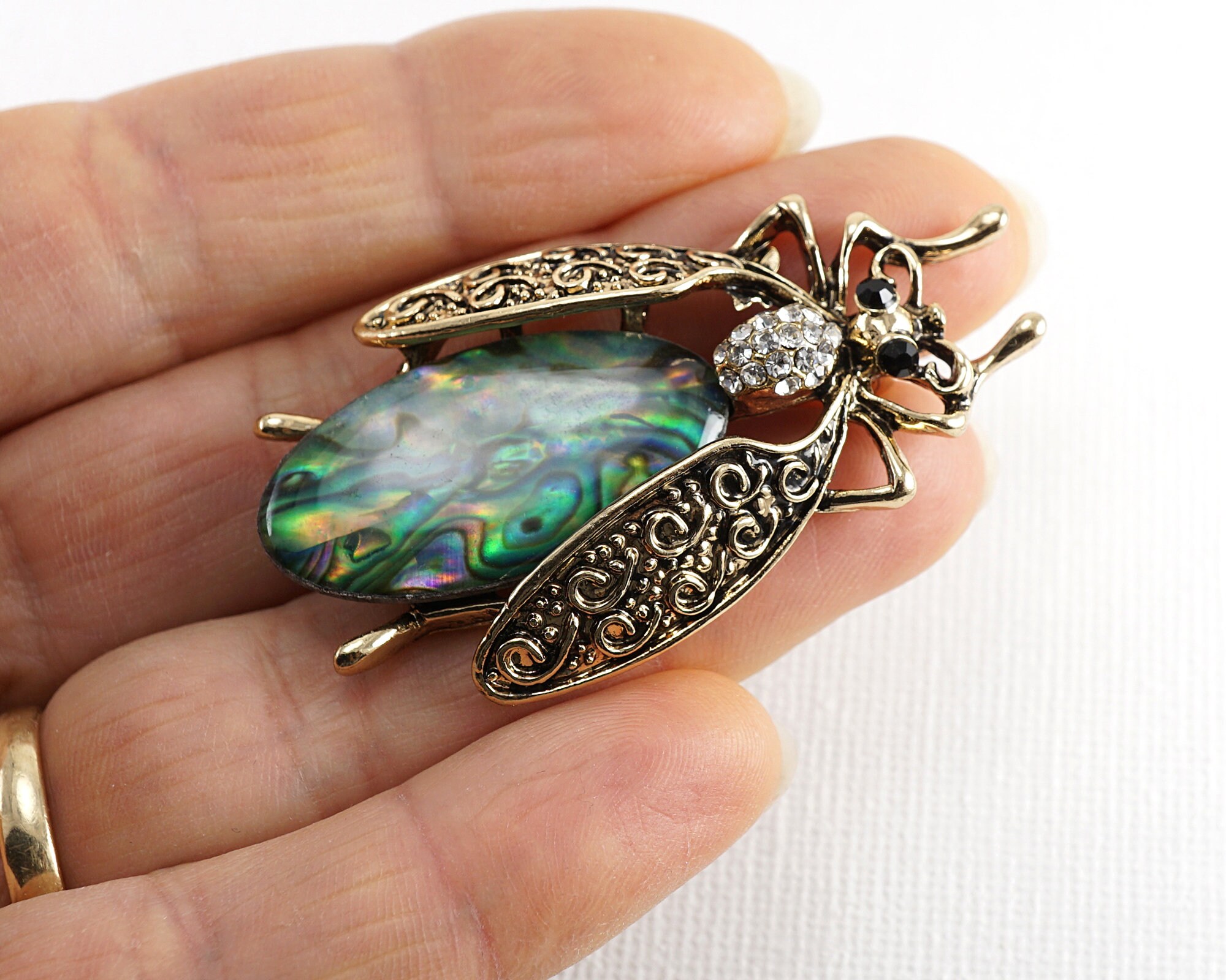 Large Abalone Insect Brooch, Golden Fly Brooch, Crystal Bug Brooch, Big ...
