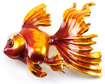 Broche poisson vintage en émail. Broche poisson noire et orange. - France
