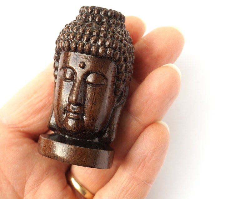 ON VACATION Small Wooden Buddha Head Statue, Tiny Wood Carving of Buddha Face, meditation Home Decor, Minimalist Modern Vintage image 10