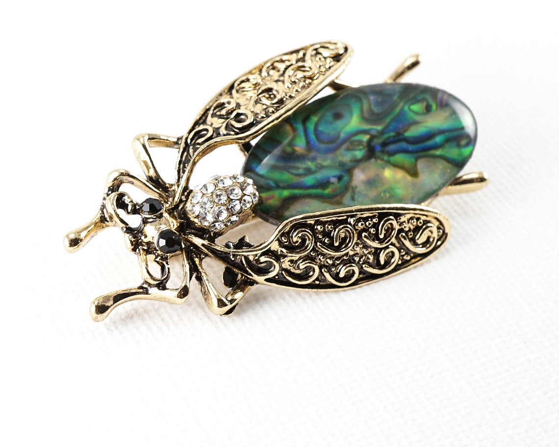 Large Abalone Insect Brooch, Golden Fly Brooch, Crystal Bug Brooch, Big ...