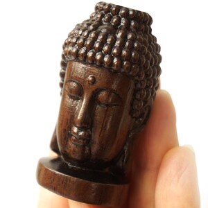 ON VACATION Small Wooden Buddha Head Statue, Tiny Wood Carving of Buddha Face, meditation Home Decor, Minimalist Modern Vintage image 7