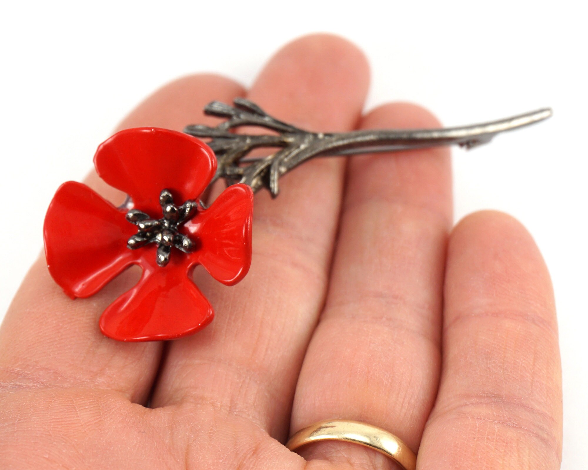 赤いポピーのブローチ、赤い花のブローチ、アンティークブローチ