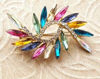 ON VACATION Vintage Colorful Brooch, Gold Marquise Crystals Pin,  Multicolor Rhinestone Brooch Scarf Pin