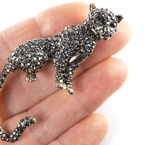ON VACATION Luxury Black Panther Brooch, Leopard Pin, Large Rhinestone Cat, Vintage Jewelry