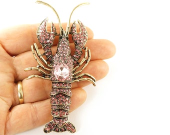 Large Oversize Statement Pink Rhinestone Lobster Crayfish Brooch Pin Pendant, Vintage Jewelry, Marine Ocean Beach Shawl Scarf Coat Pin