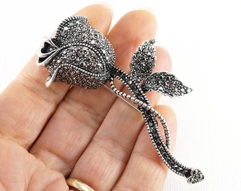 Vintage Black Rose Brooch, Antique Dark Silver Rose Pin, Tiny Pave Rhinestone Gray Flower Brooch, Large Brooch