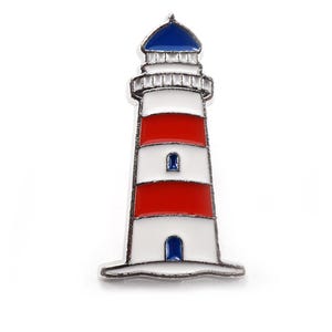 ON VACATION vuurtorenbroche, geëmailleerde rood blauw witte nautische sieraden, vuurtoren reversspeld, zilveren dasspeld