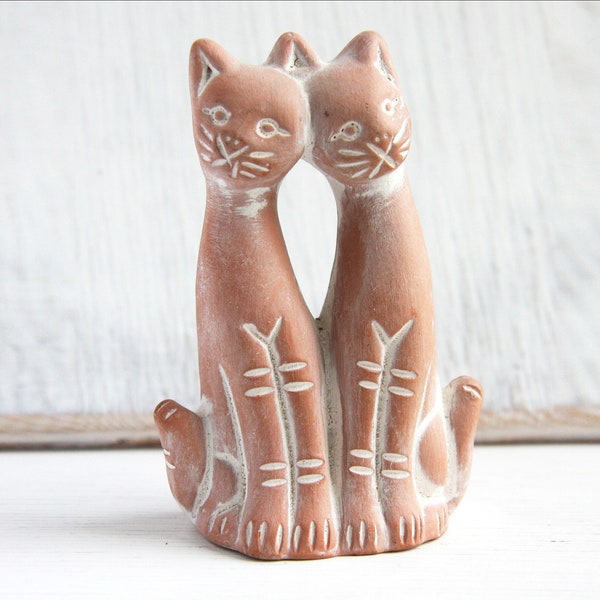 Two Cat Friends, Small Vintage Collectible Figurine, Terracotta Ceramic Sculpture, Gift Idea for Cat Lover