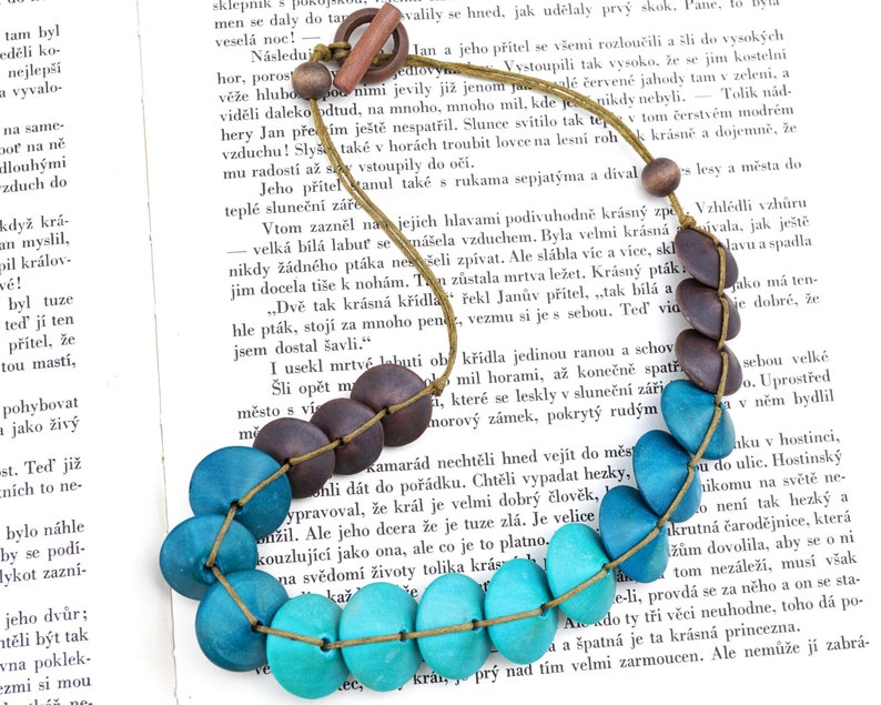 ON VACATION 3 Tone Turquoise Blue Disk Wood Necklace Knotted Cord large geometric Beads Hippie boho turquoise jewelry modern image 1