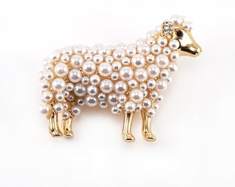 ON VACATION Vintage Sheep Brooch, Cute White Sheep with Faux Pearls Pin, Tiny Rhinestone Ears, Gold Brooch, Animal Collar Pin