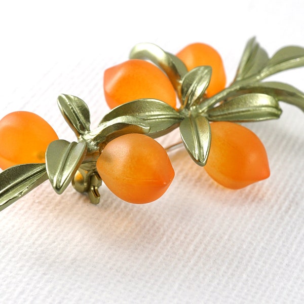 ON VACATION Exquisite Orange Fruit Berries Brooch, Metallic Green Plant Pin, Vintage Brooch Pin Botanical Nature Inspired Jewelry