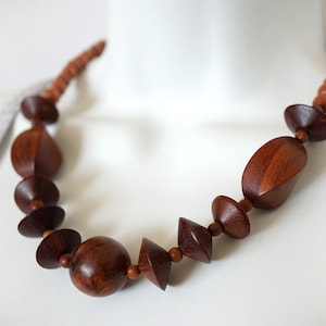 vintage jewelry Retro 70s necklace Exotic wood chunky necklace large geometric long beaded bohemian necklace boho