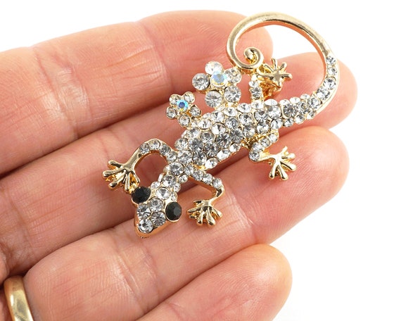 Small Gold Gecko Brooch, Crystal Lizard Brooch, Vintage Jewelry, Clear Rhinestone Gecko Pin