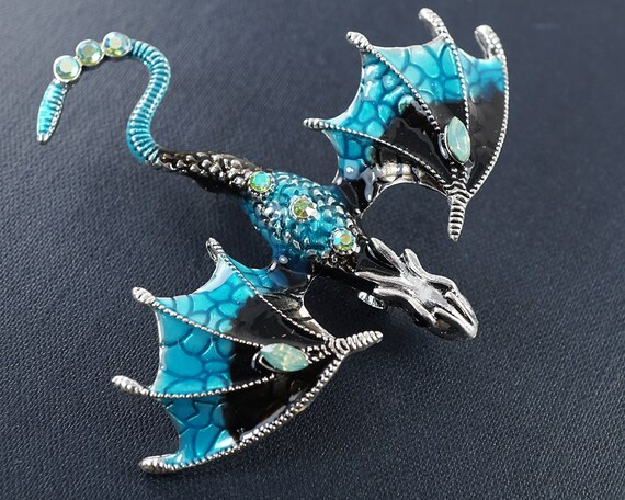 ON VACATION Blue Dragon Brooch, Silver Flying Dra… - image 4