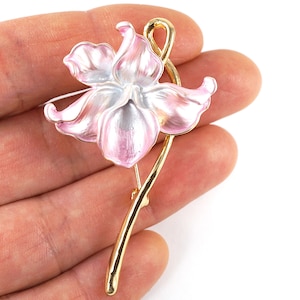 Pretty Pink Orchid Brooch, Metallic Enamel Pink Flower Pin, Art Nouveau Gold Flower Brooch, Vintage Botanical Plant Nature Inspired Jewelry